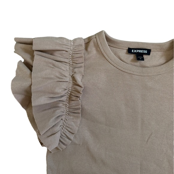 Express Ribbed Ruffle Sleeve Blouse Beige Ribbed BodyCon Size Medium - Picture 5 of 8